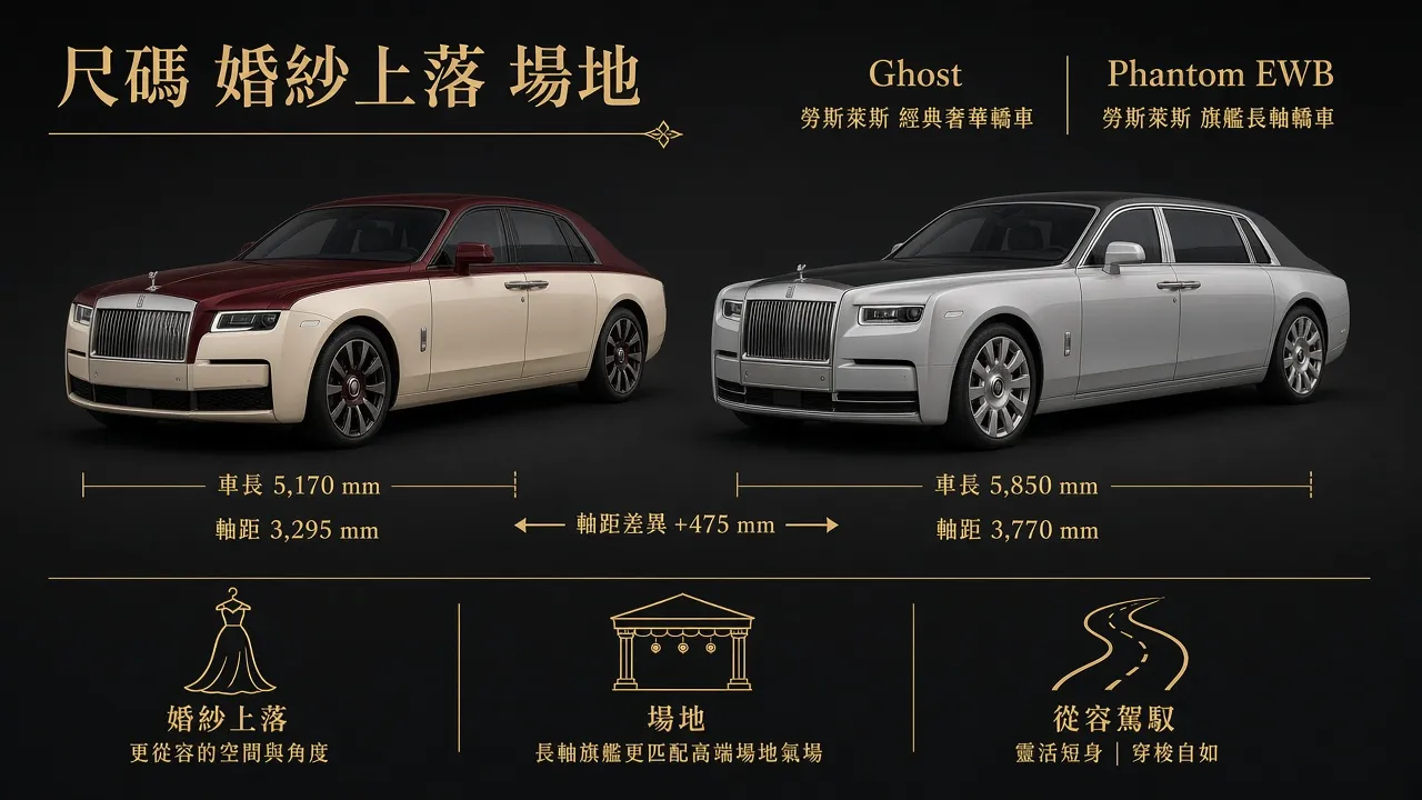 Rolls Royce Ghost 與 Phantom EWB 婚禮花車尺碼與用途比較